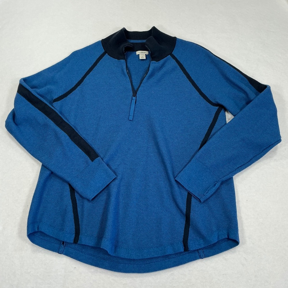 LL Bean Merino Wool Blend 1/4 Zip Pullover Blue Waffle Knit Thumbholes Large